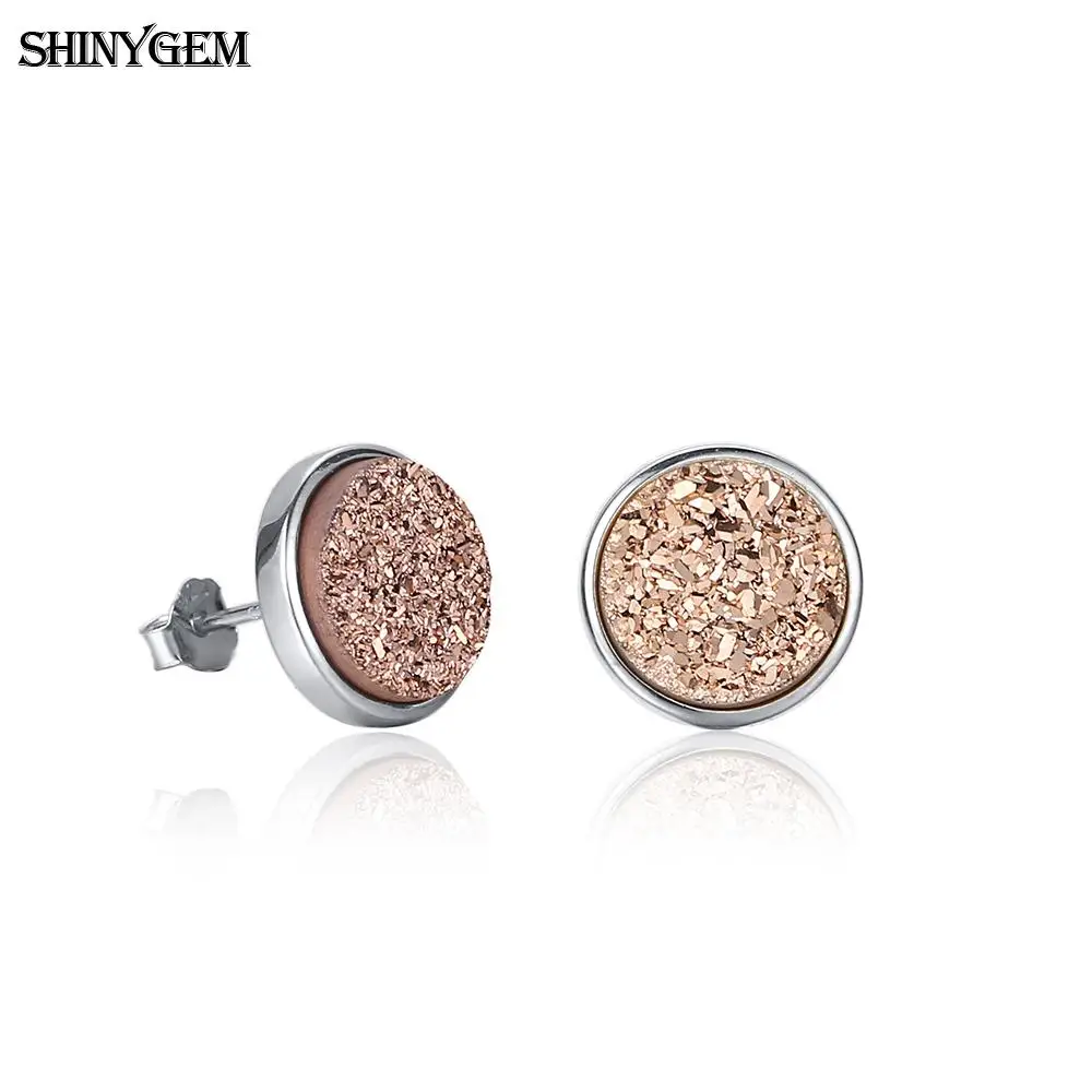 

ShinyGem 10mm Round Druzy Earrings Gold Color/925 Sterling Silver Stud Earrings Crystal Natural Stone Bridal Earrings For Women