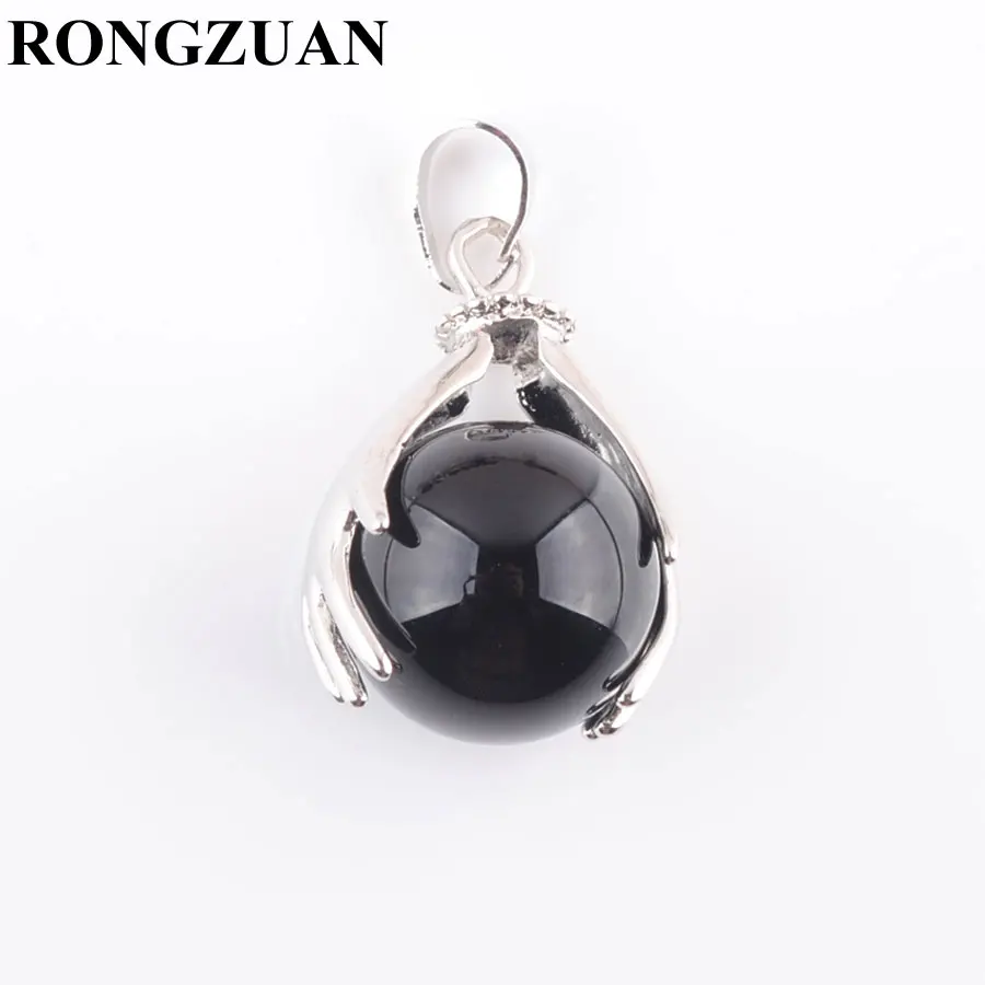 

RONGZUAN Natural Black Agates Round Ball Stone Beads Silver Plated Hands Palm Pendants Reiki Chakra Healing Jewelry 1Pcs TN3148