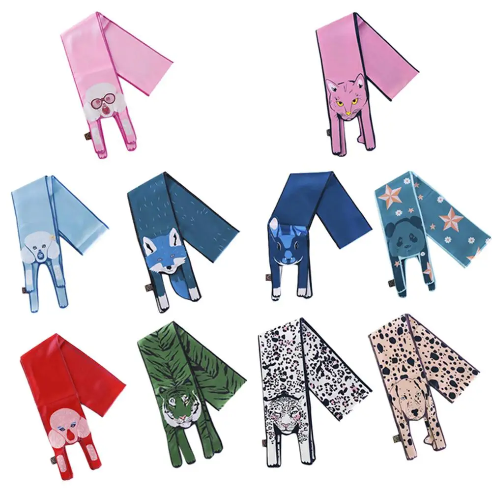 

New Design Cute Silk Scarves Designer 3D Print Animals Shape Scarf Dog Cat Tiger Scarf For Women Bags Kawaii Child Scarves