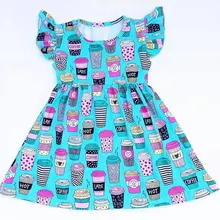 Платье с чашкой кофе латте для девочек детское синее платье с жемчужинами и героями мультфильмов одежда из шелка с короткими рукавами для маленьких девочек на весну и лето
