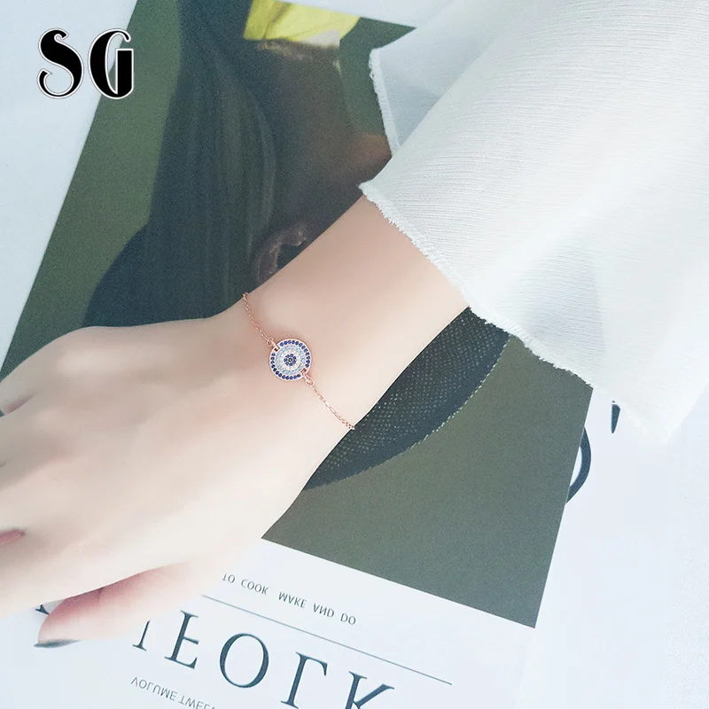 

SG 2019 fashion Rose gold/sliver Round blue evil eye bracelet charm fit fashion jewelry bracelet women for gift
