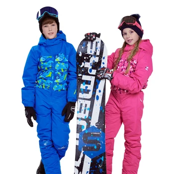 

Boys Winter Clothes Fleece Hooded Girls Skiing Jumpsuits Snowboard One-piece Children Tracksuits Windproof Kids Snow Sets