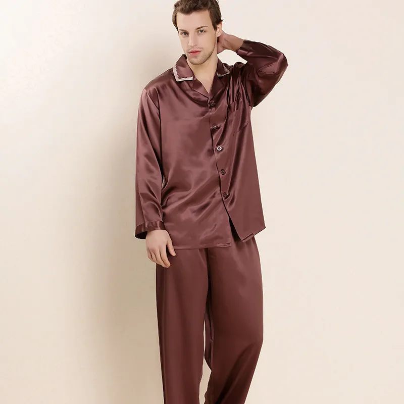 

CEARPION Elegant Men Summer Pajamas Set Solid 100% Silk 2pcs Shirt&pant Sleepwear Male Casual Daily Home Clothes Night Wear