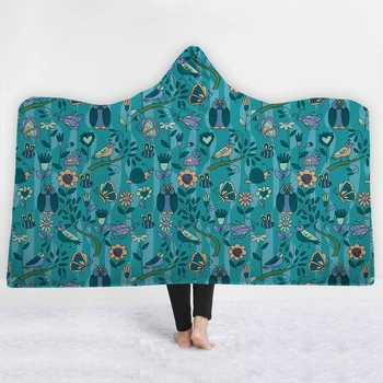 

Blue broken flowers Chrysanthemum Blanket with hat comfortable soft keep warm Blanket Maiden style for girl women Blanket