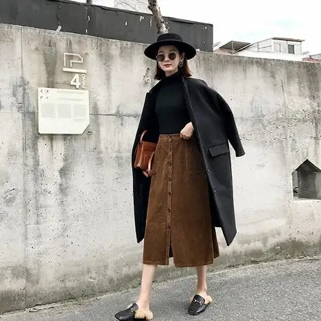 

Burgundy,Black,Brown,Dark Grey Corduroy Skirts Women High Waist Package Hip Vintage Skirt Pockets DC739