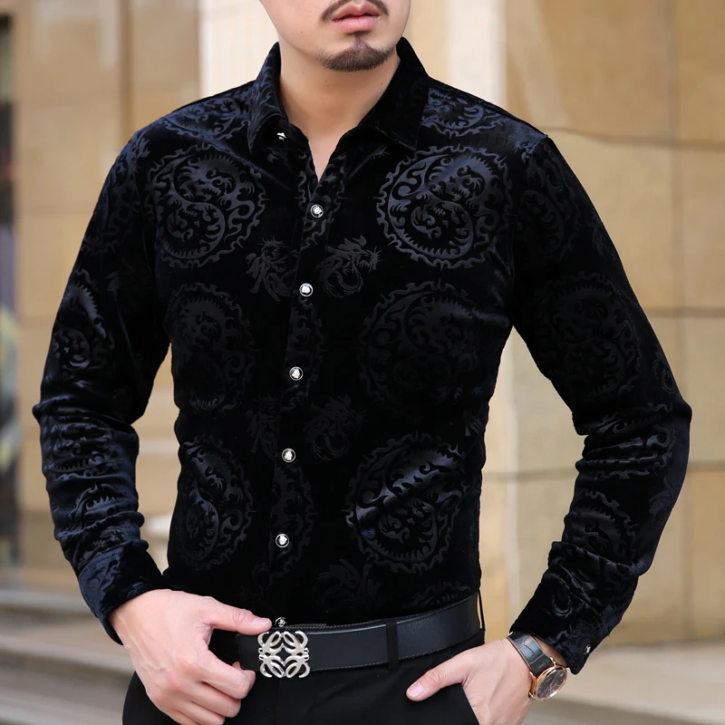 Luxury Men Velvet Shirt Pattern Flower Shirt Long Sleeve Velvet Business Casual Shirt Button