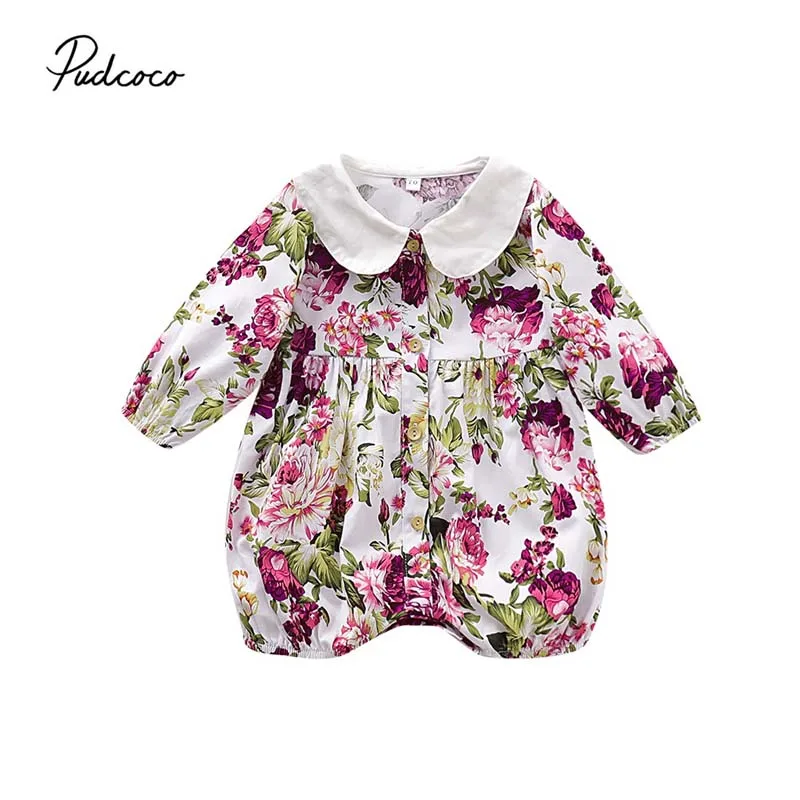 

2019 Baby Spring Autumn Clothing 0-24M Cute Infant Baby Girls Rompers Long Sleeve Flowers Peter Pan Collar Jumpsuits Clothes