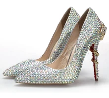 AB Crystal Rhinstone Wedding Shoes Pointed Toe Bridal Dress Shoes Evening Party Prom Pumps Cobra Metal Multicolor Single Heels