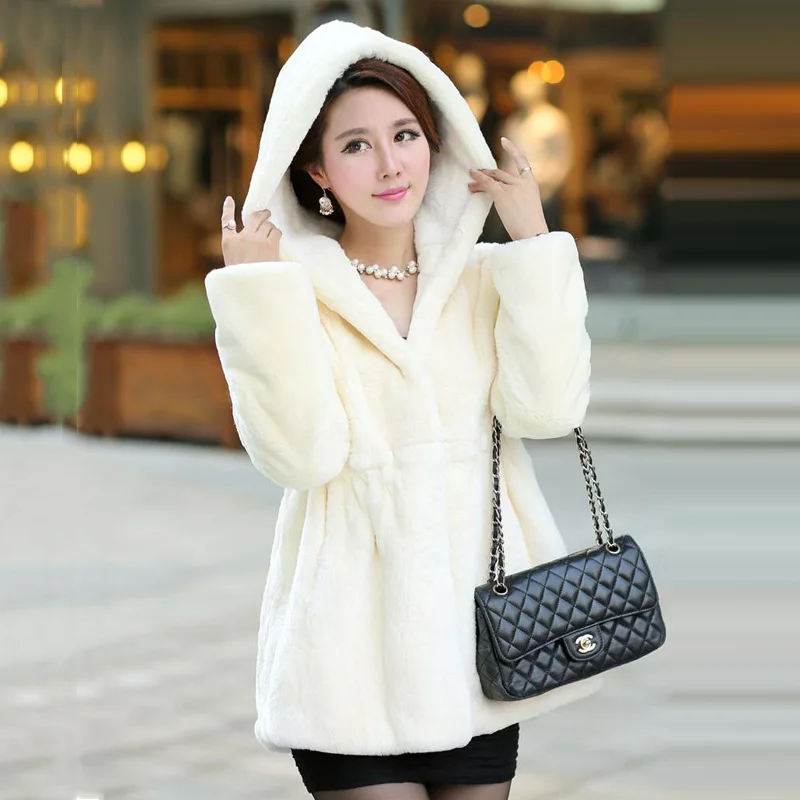 

TUHAO Winter Female Office Lady Hooded Faux Fur Coat Plus Size 4XL Bow Print Solid Colour Long Fur Coat Large Size Coats LQ279