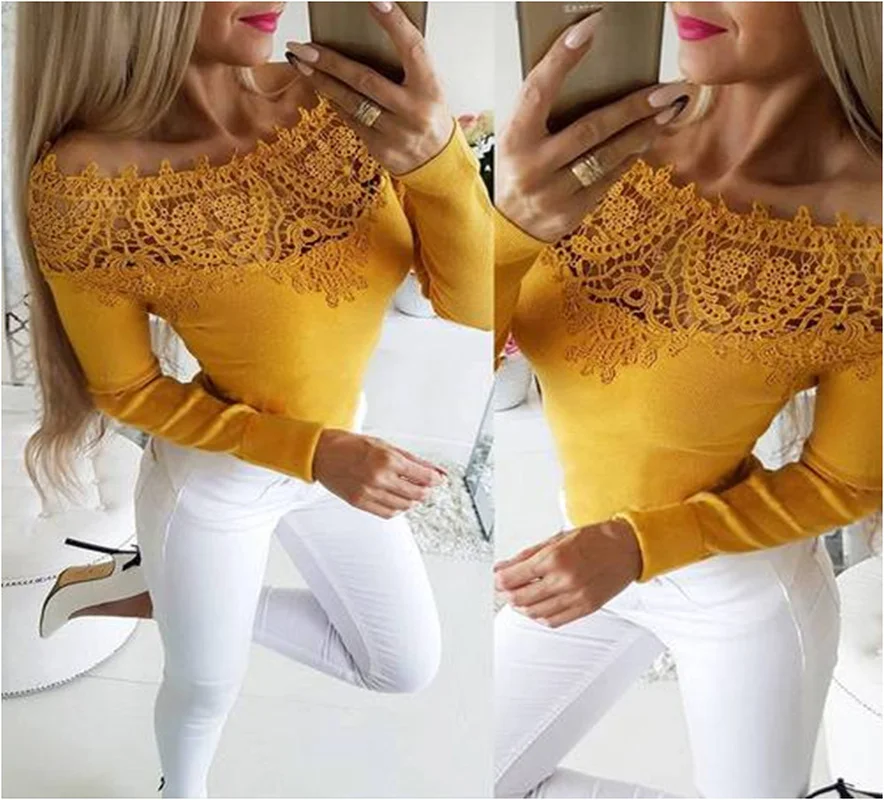

Solid color tight top female 2019 autumn new product word lace sleeve long-sleeved T-shirt female