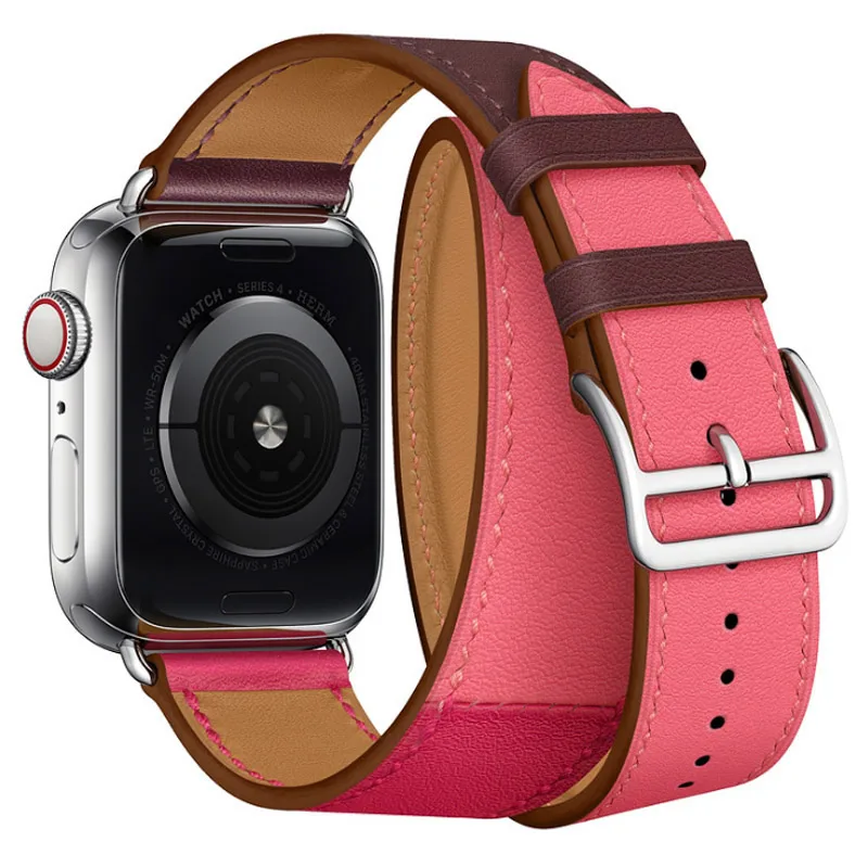 Для Apple Watch Series 4 44 мм ремешок из натуральной кожи двойной тур часы Группа Apple Series 1 2 3 iWatch Herm часы браслет 38-42 мм - Цвет ремешка: Rose2 without logo
