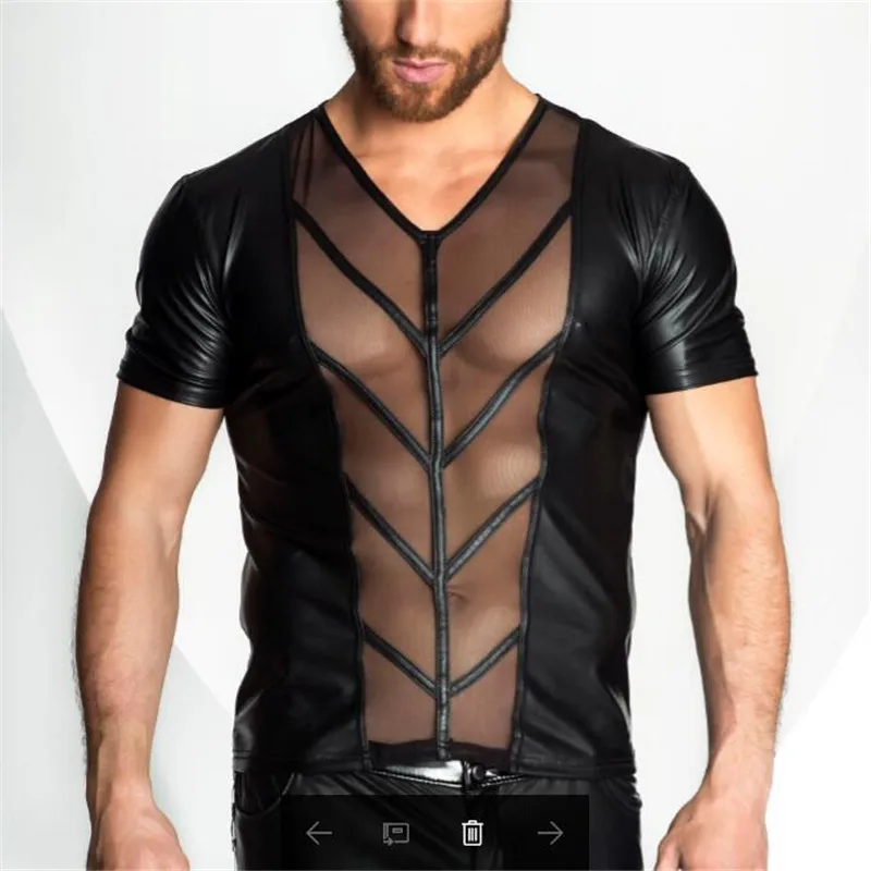 

New Men's Faux Leather Mesh T-shirt,Men Tops Hip Hop Summer T-shirt,Men Sexy Fitness Male Tees Black