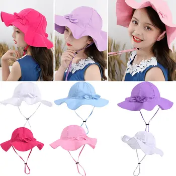 

Summer Girls Baby Toddler Sun Hat Outdoor Travel Beach Wide Brim Bucket Cap Ruffle Bandage Closed Caps Solid Bowknot