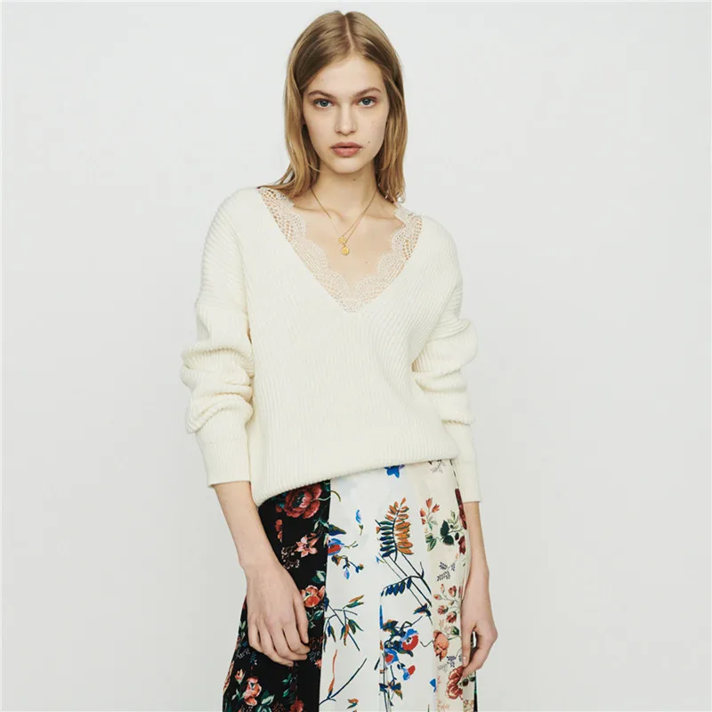 

2019 New Women White Lace Knitted Sweater Pull Top