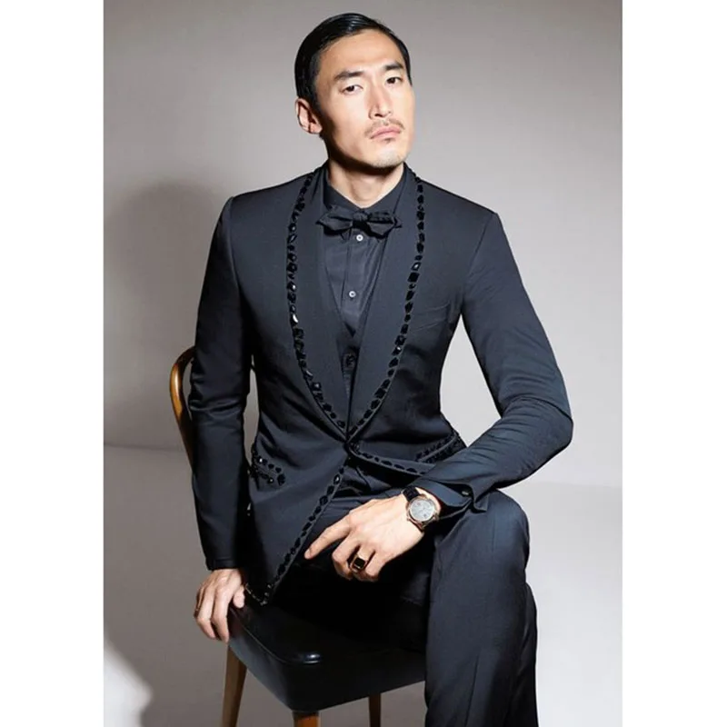 Latest Coat Pant Designs Shawl Lapel Black Rhinestone Men Suit Skinny