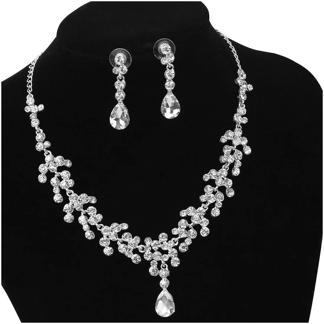 

Rhinestone Wedding Bridal Jewelry Set Necklace Chain Ear Piercing Earrings Set Drop