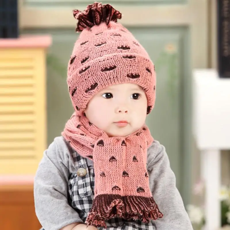 2pcs/set Baby Hat Scarf Set Infant Knitted Jacquard Weave Double deck