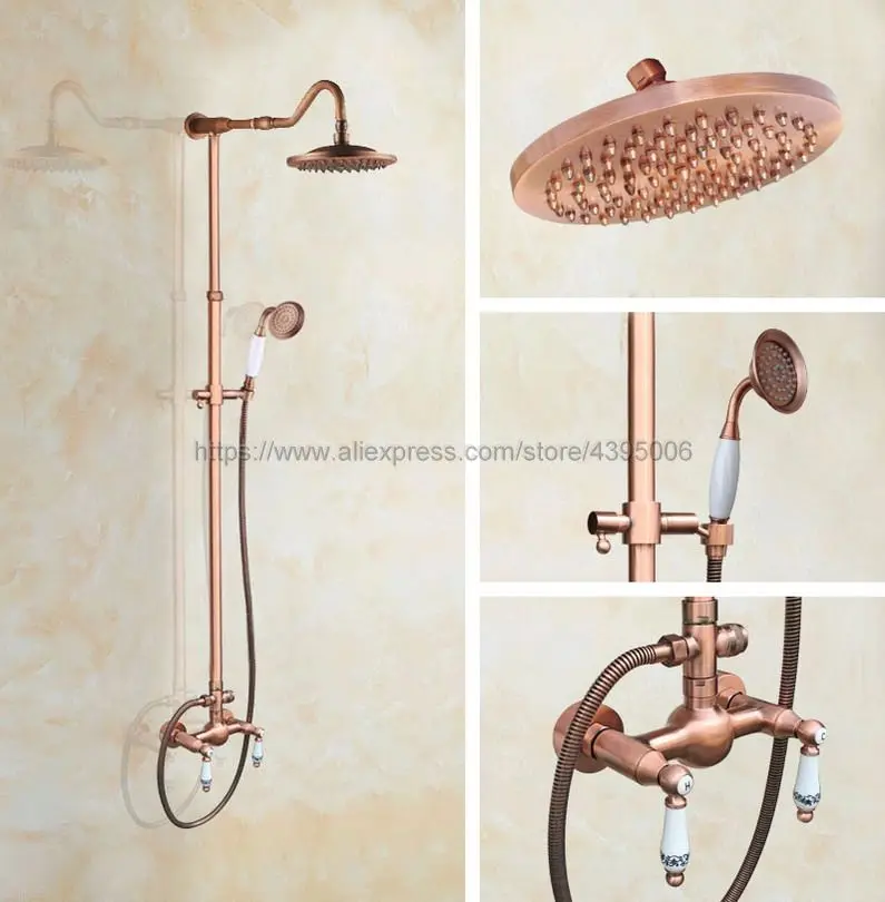 

Antique Red Copper Bathroom Rainfall Shower Faucet Set Mixer Tap With Hand Sprayer Wall Mounted Brg622