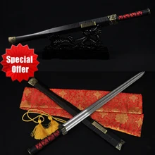 Real Handmade Chinese Sword Han Jian Damascus Steel Straight Full Tang Blade- Battle Kung Fu China Swords Double Edge Very Sharp