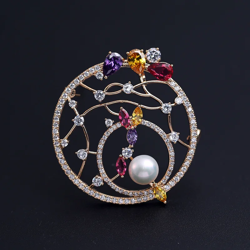 

XIHA Mirco Pave CZ Zircon Pins and Brooches Colorful Crystal Round Mesh Big Flower Brooch for Women Dress Shirt Accesssories