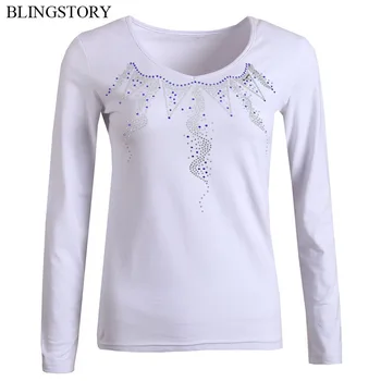

BLINGSTORY Long Sleeve V Neck Women's Autumn T-shirt Bead Plus Size Tops S-6XL