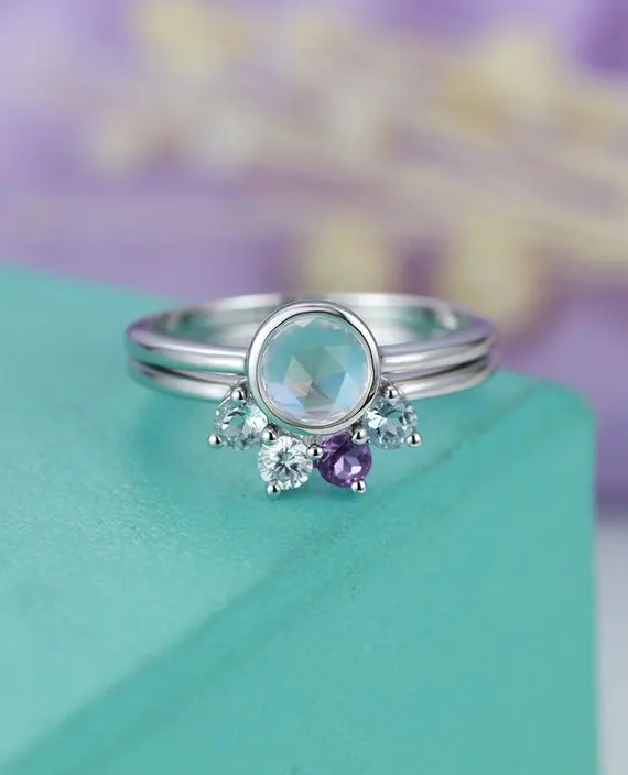 

MYRAY Natural Moonstone Engagement Ring Set Aquamarine Moissanite Amethyst Wedding Band 14k White Gold Women Bridal Anniversary