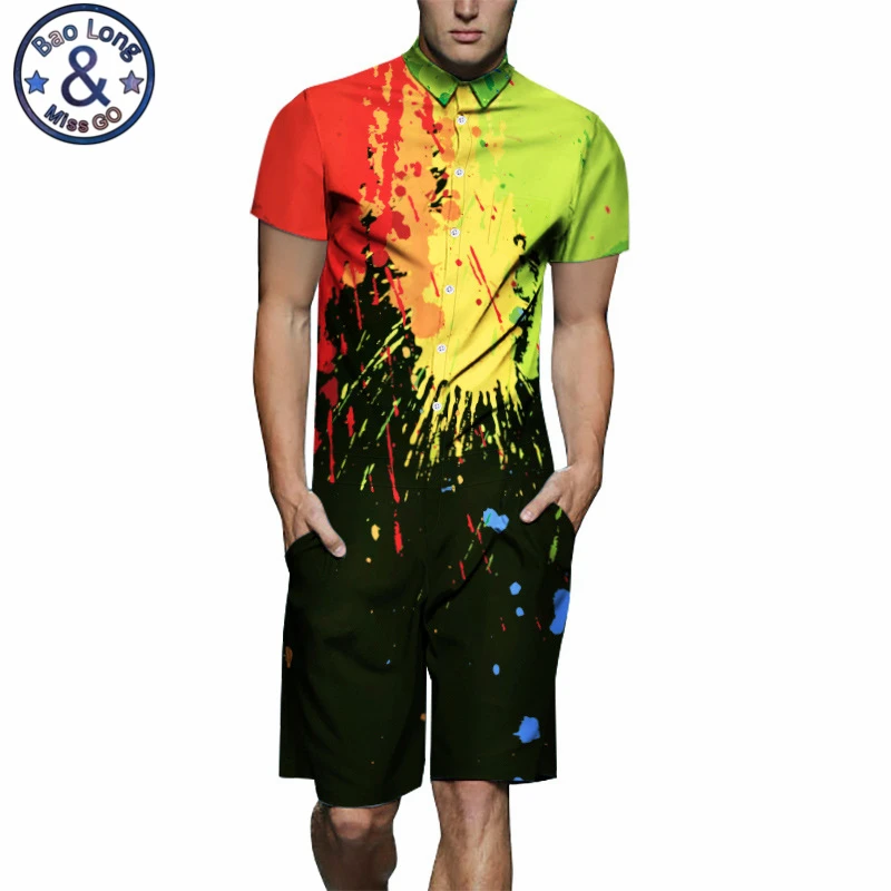 

Mr.BaoLong Mens Rompers Ink print 3D Jumpsuits 2019 Summer Men Set Beach Party Short Sleeve Cargo Overalls One Piece Playsuit