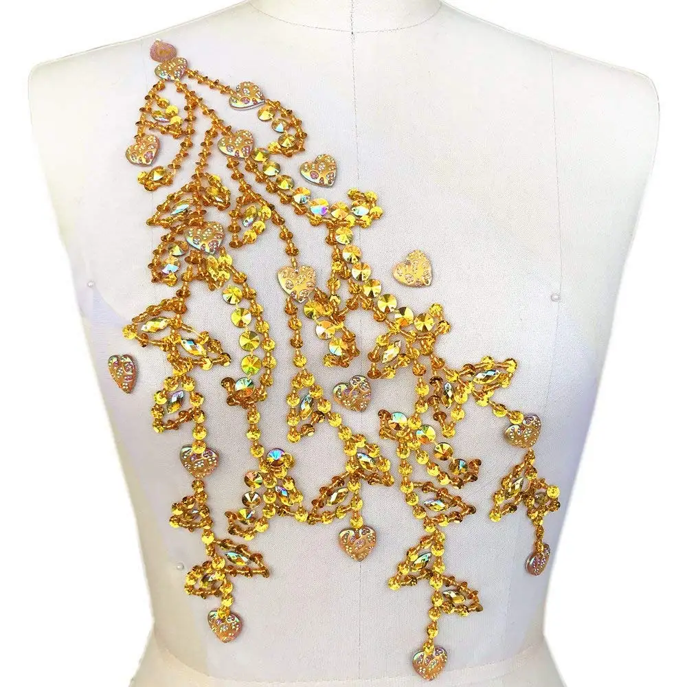 22x41cm Sew on Yellow AB Sequin Rhinestones Fine Crystal Appliques
