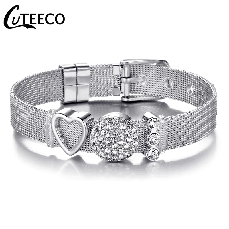 CUTEECO модный браслет из нержавеющей стали для женщин и мужчин, Набор браслетов из сетки с кристаллами в форме сердца, брендовый браслет, браслет для влюбленных женщин