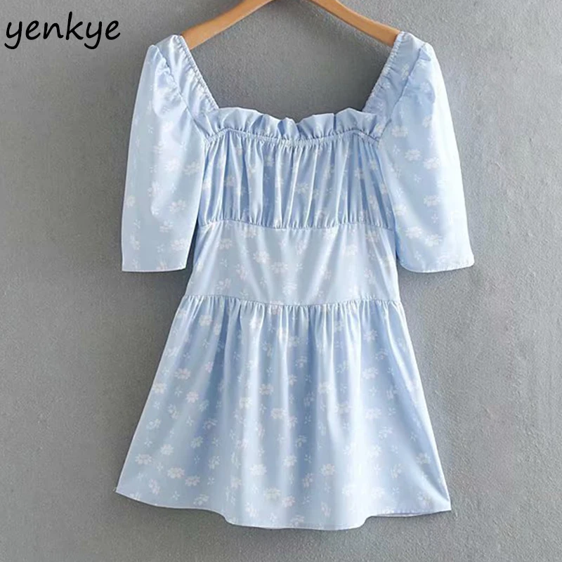 

Sweet Summer Dress 2019 Women Light Blue Floral Print Dress Elegant Lady Puff Sleeve Square Sleeve A-line Mini Short Dress