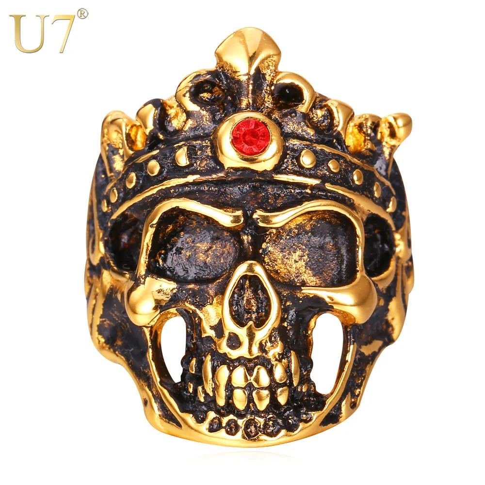 

U7 Skull Ring For Men Goth Gothic Skeleton Stainless Steel Gold Color Punk Men Jewelry Gift Bands Ring Halloween R398