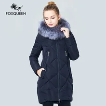 Foxqueen 2017 New Winter Women’s Girl’s Padded Slim Cotton Coat Warm Quilted Overcoat Fur Collar Silver Fox Free Shipping