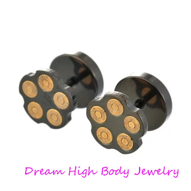 

Punk Ear Stud Black Bullet 10mm Gold-color Earring Barbell For Men 316l Stainless Steel Gothic Silver Men's Fake Ear Plugs