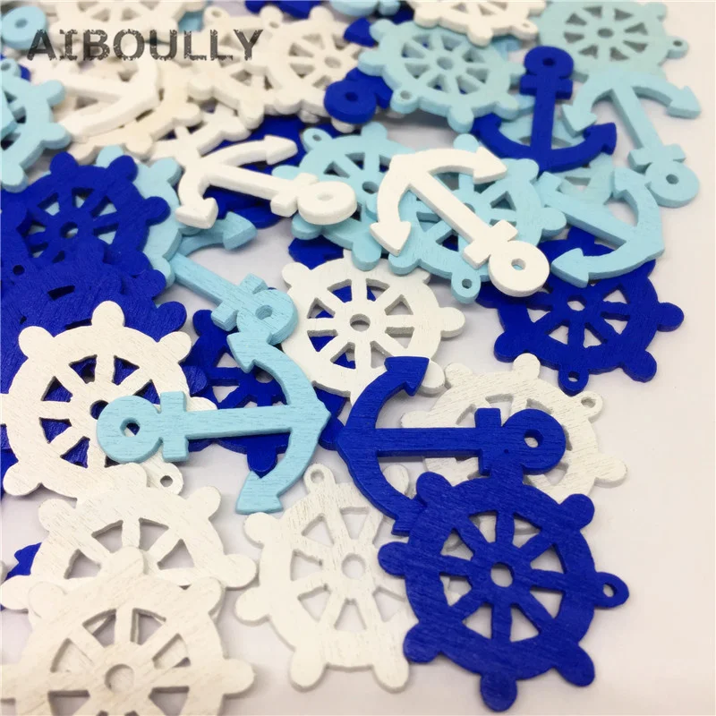 

100pcs/lot DIY Wooden Sea Anchor Wheel Nautical Craft Scrapbook Embellishment Home Decor Mixed Flatback 25mm Costura Botones