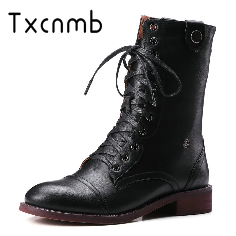 

TXCNMB 2019 Boots Women Mid-calf Boots for Women Winter Cow Genuine Leather Square Heel Red Brown Shoes Woman