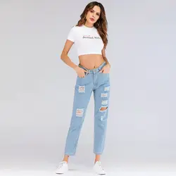 2019 Весна и лето новые рваные джинсы светлые цвета джинсы женские пуговицы молния Свободные утягивающие женские джинсы с высокой талией