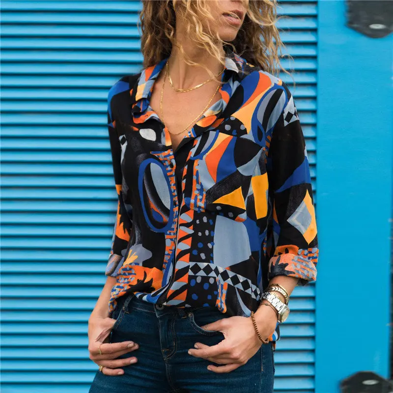 Женская блузка большого размера 3XL с длинным рукавом, Женские топы и блузки большого размера s, Осенние винтажные повседневные офисные женские шифоновые рубашки - Цвет: Blue