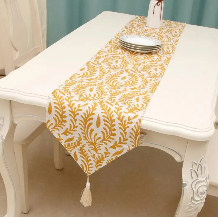 

Fyjafon Table Runner Pastoral Leaves Printed Table Runners Linen Polyester Runner Yellow/Blue/Green 32*180/32*220/32*240/32*300