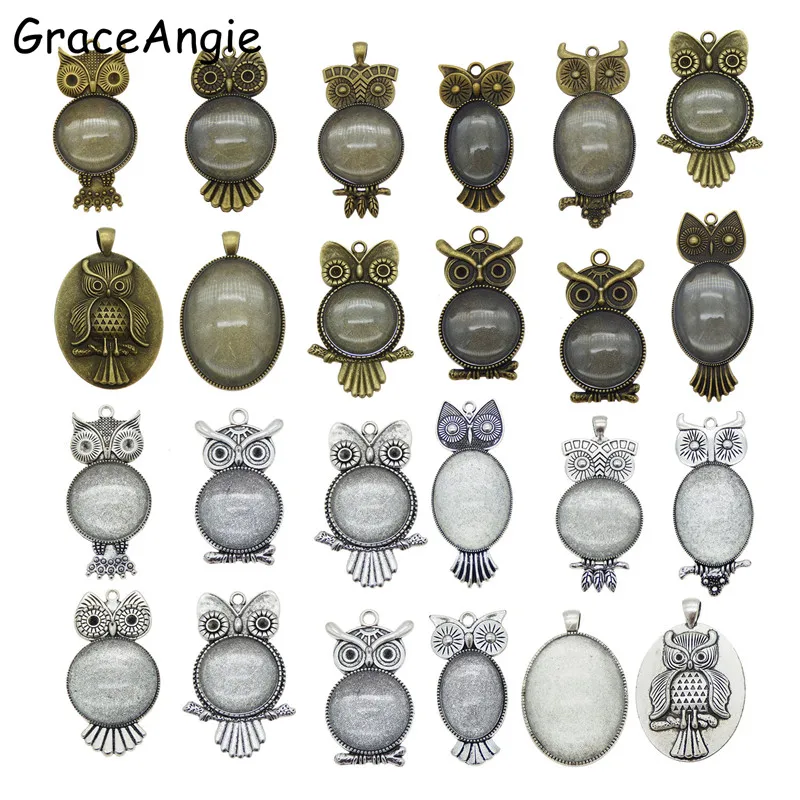 

8Set Mix Cabochon Setting Tray Owl Bird Tray Blank Animal Pendant Blank Pendant Glass Cover Bezel Base Blanks Gift Silver Bronze