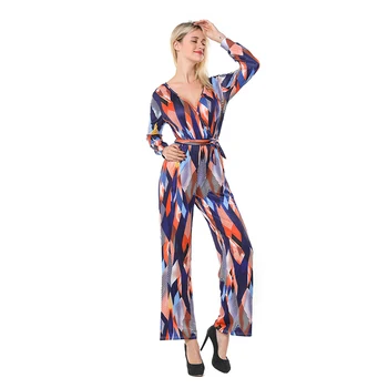 

Bigsweety New Fashion Geometric Printed Rompers Sexy Summer Wide Leg Pants Long Sleeve V-Neck Overalls Casual Jumpsuit With Belt