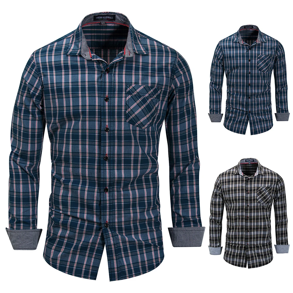 Мужская модная одежда Slim Fit с длинным рукавом рубашка в клетку на пуговицах Повседневный Топ