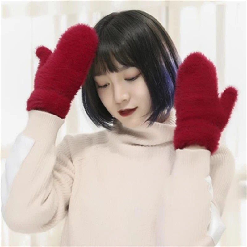 Женские зимние модные теплые пушистые перчатки женские толстые однотонные Женские ветрозащитные теплые удобные пушистые мягкие перчатки милые перчатки