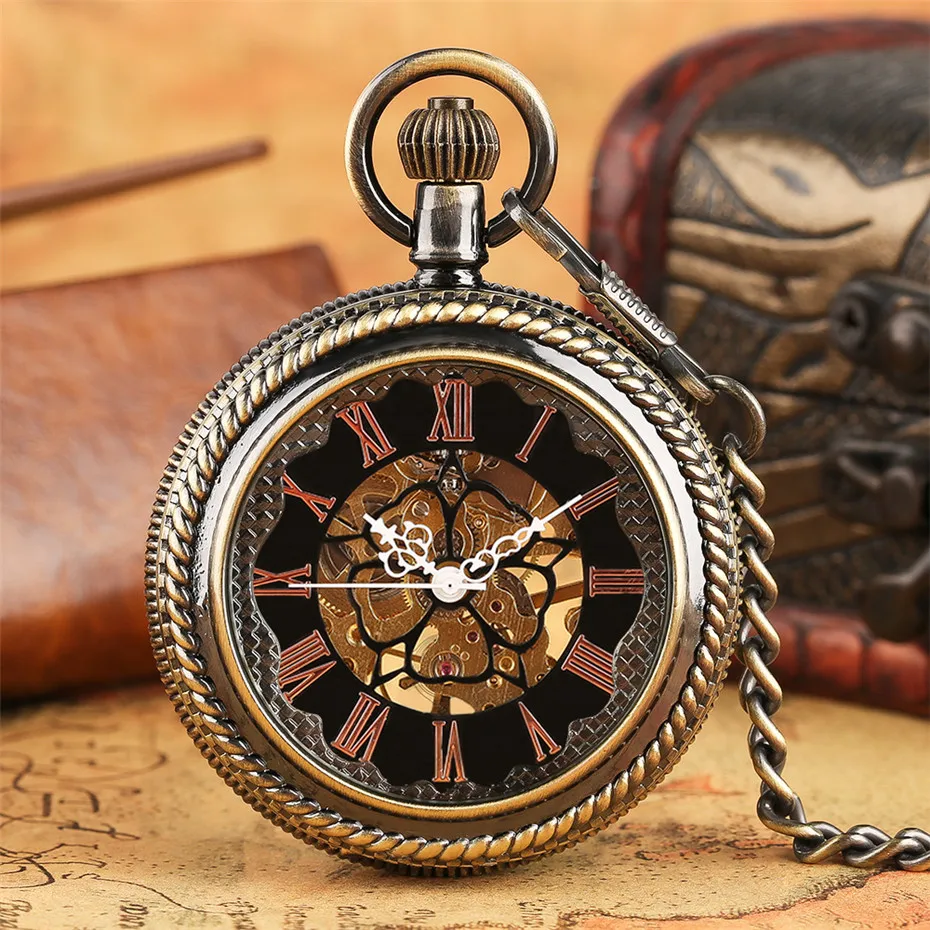 

Bronze Full Hunter Transparent Glass Mechanical Pocket Watch Roman Numerals Skeleton Retro Clock Hand Winding Pendant Gifts