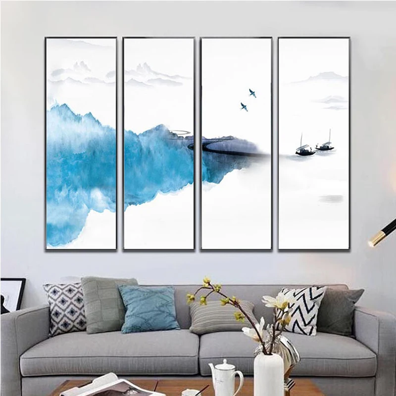 HAOCHU Nuevo Estilo Chino 4 Sets Pintura Decorativa Lienzo Abstracto Geométrico Colorido Creativo Nubes Salón Dormitorio Decoración