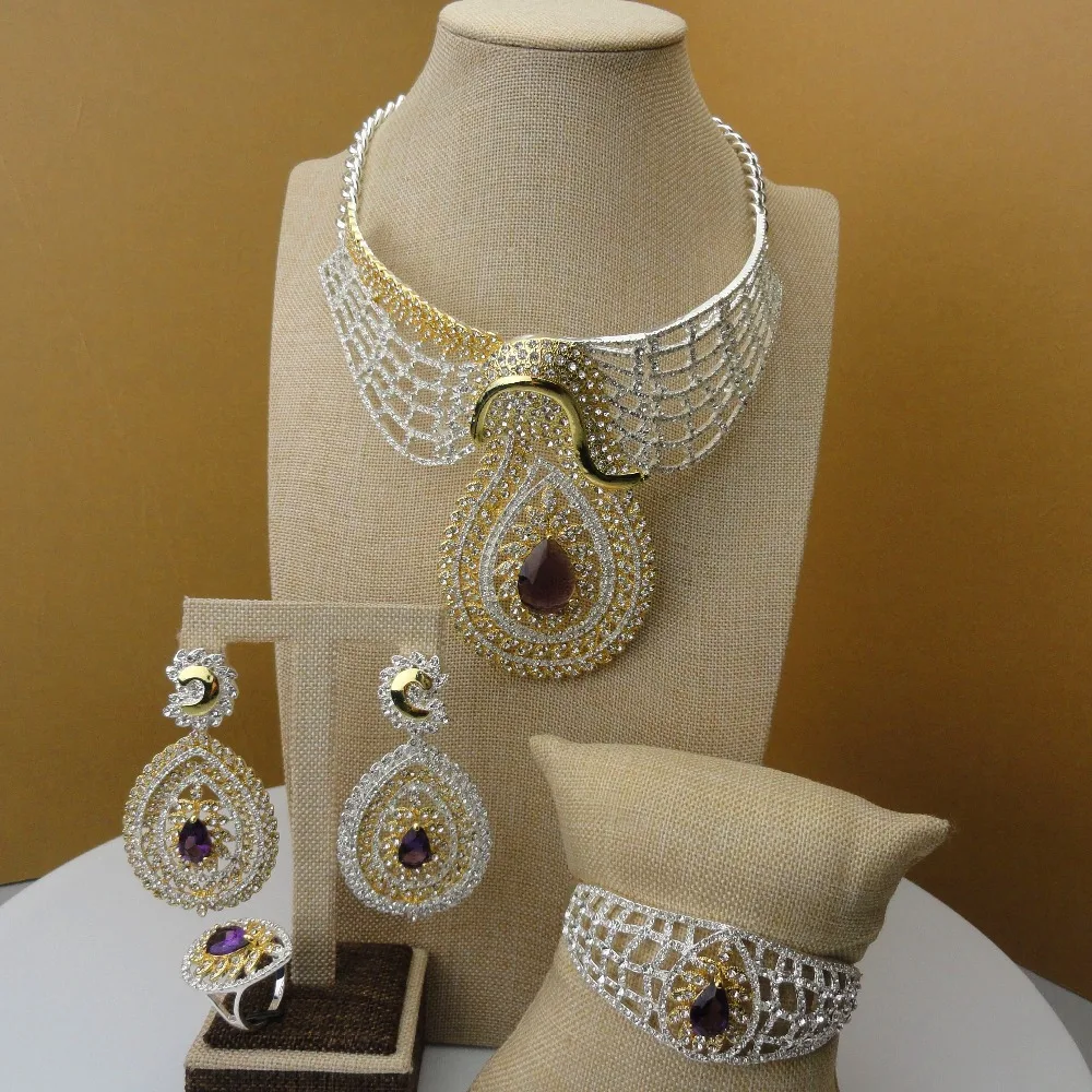 

2019 India Design Dubai Costume Jewellrey Cubic Zircon Jewelry Sets Necklace Bracelet Earrings and Ring FHK5429