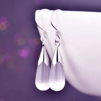 

White Water Drop synthetic Cat's Eye Stone S925 Silver Earrings Crystal Earrings for women