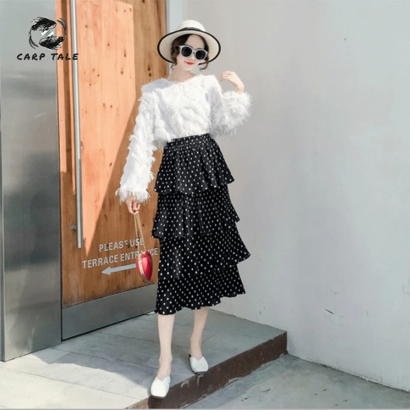 

2019 spring and summer elastic waist high waist wave point skirt cake skirt female long skirt pleated ruffled skirt women