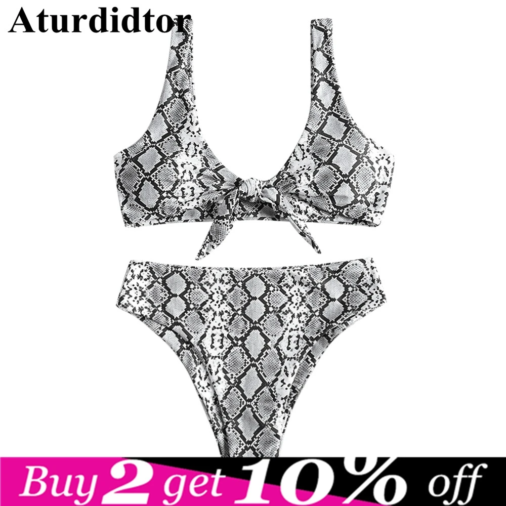 

Tied High Rise Waitst Knotted Sexy Snakeskin Bikini Plunging Elastic Animal Print Two Piece Set Swimsuit TwoPiece Swimwear Women
