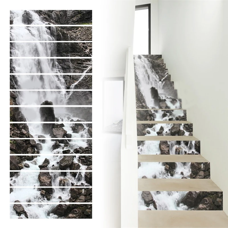 JX-LCLYL 13Pcs 3D DIY Waterfall Stair Risers Mural Decal Sticker Wall Paper Decor