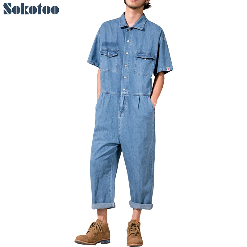 Sokotoo, мужские свободные укороченные джинсовые комбинезоны длиной до лодыжки с короткими рукавами, повседневные Комбинезоны с карманами, Рабочие Комбинезоны